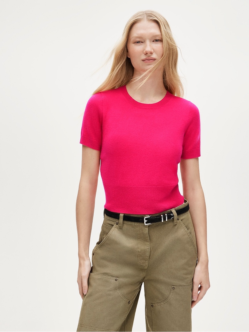 J. Crew Short-Sleeve Crewneck Cashmere Sweater in Heathered Coral Pink